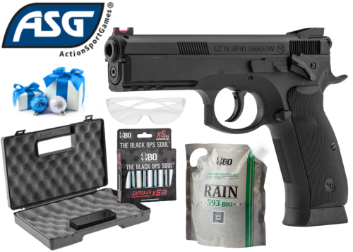 Pack de Noël Airsoft ASG CZ 75 SP-01 Shadow + 5 Co2 + 1 sachet billes + lunette + mallette