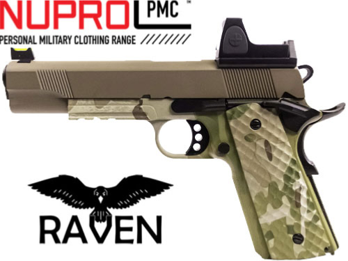 Réplique Airsoft Nuprol Raven 1911 gaz GBB Camo / tan 1J + visée point rouge BDS